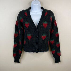 Forest Fairy Strawberry Print Fuzzy Sweater Size M Black Cropped Cardigan Twee